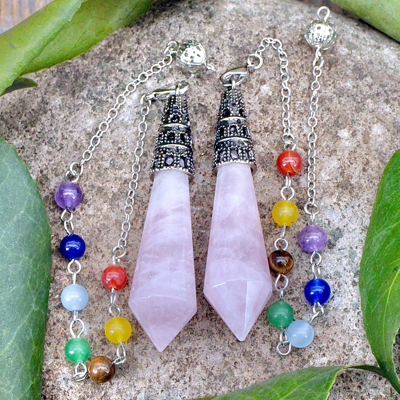 Rose Quartz Point Pendulum with Chakra Bead Chain
