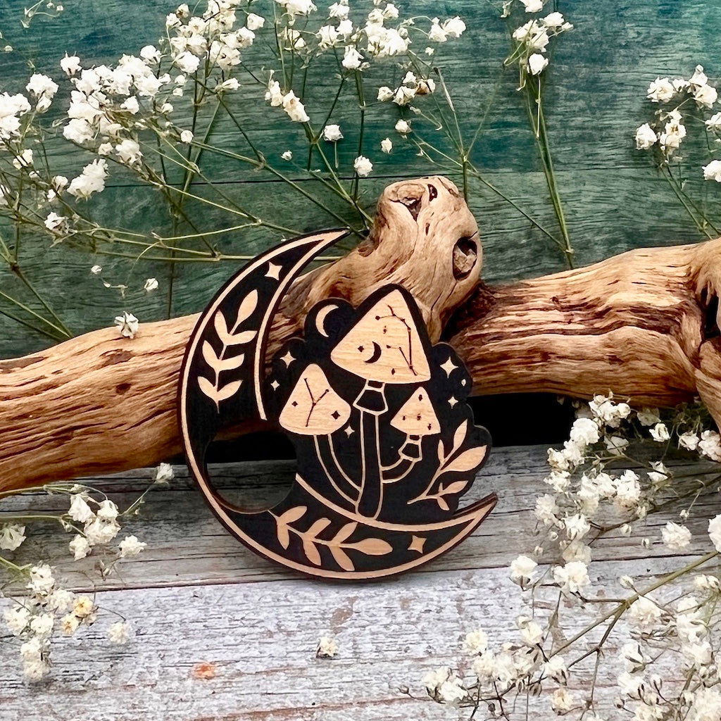 Wood Sphere Holder Moon and Mushrooms