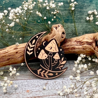 Wood Sphere Holder Moon and Mushrooms