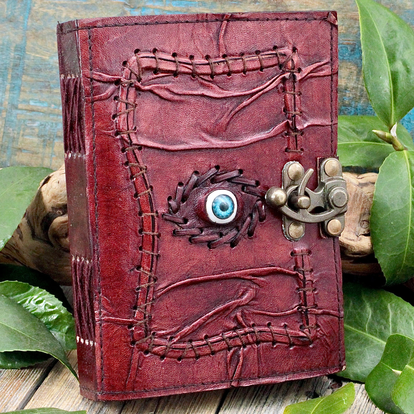 Red Leather Journal with Stitching and Eye Design
