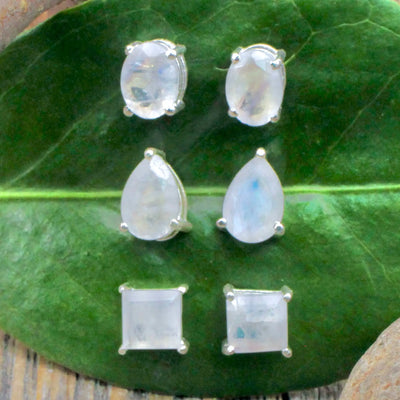Moonstone Stud Earrings Pronged in Sterling Silver