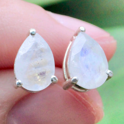 Moonstone Stud Earrings Pronged in Sterling Silver