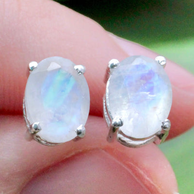 Moonstone Stud Earrings Pronged in Sterling Silver