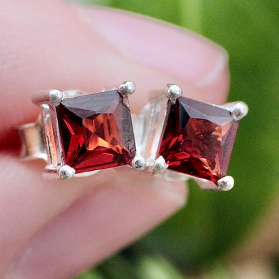 Garnet Princess Stud Earrings - Faceted - Sterling Silver