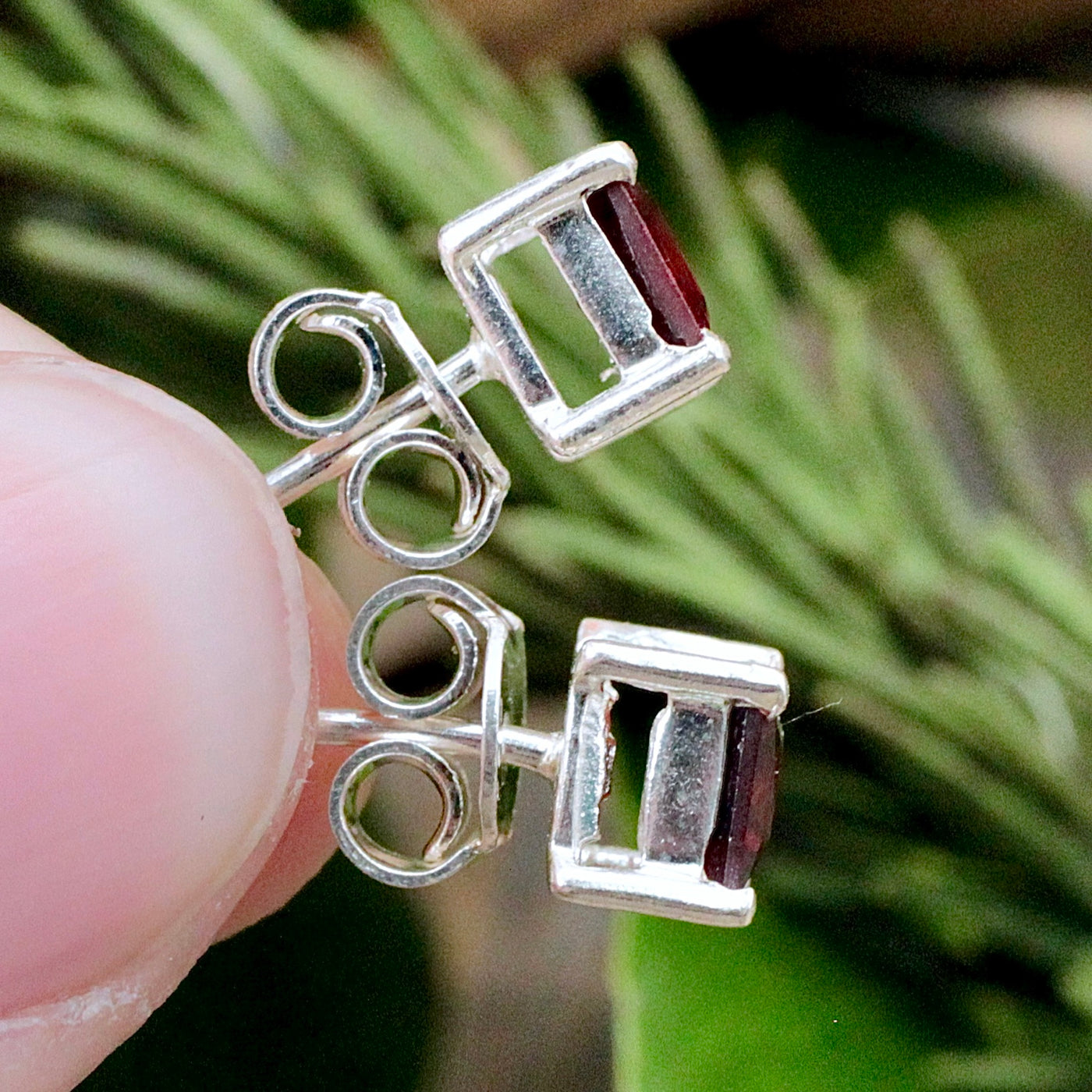 Garnet Princess Stud Earrings - Faceted - Sterling Silver