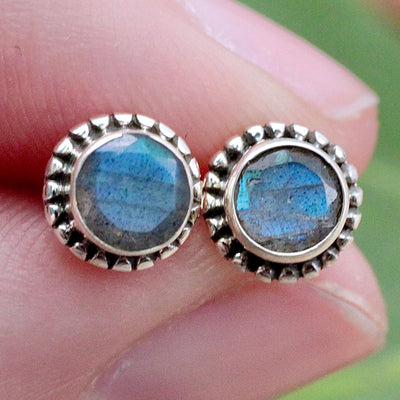 Labradorite Round Stud Earrings - Faceted - Sterling Silver