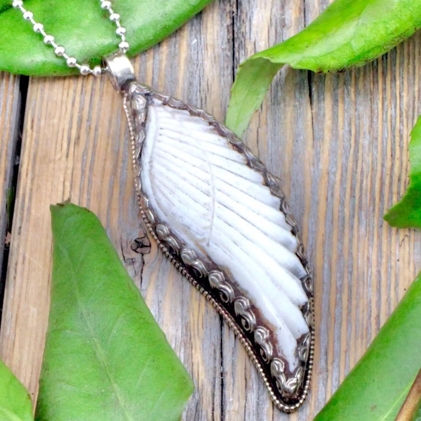 Bone Carved Feather Pendant - Tibetan Silver