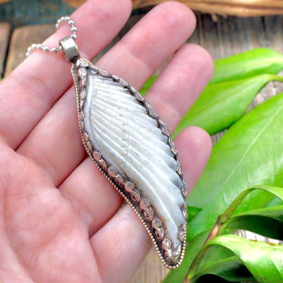 Bone Carved Feather Pendant - Tibetan Silver