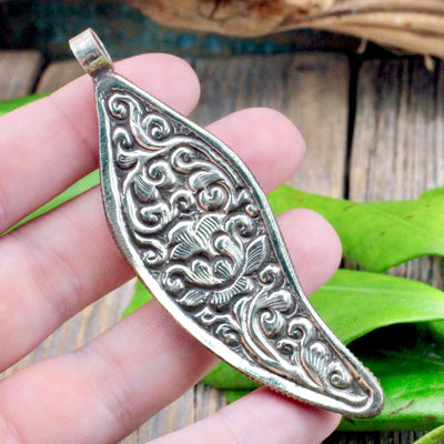 Bone Carved Feather Pendant - Tibetan Silver