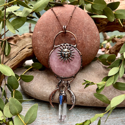 Rose Quartz Sun & Moon Necklace Bronze