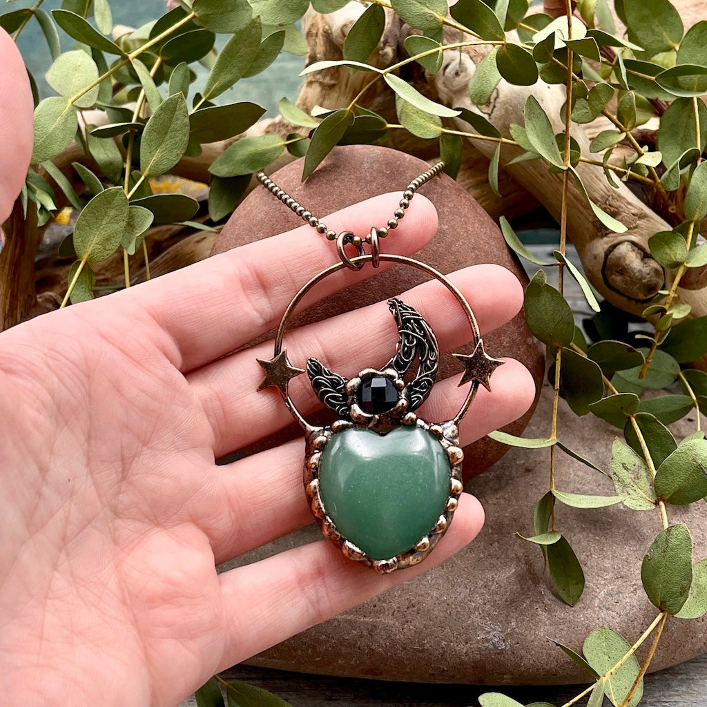 Green Aventurine Heart Moon & Stars Necklace