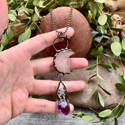Rose Quartz Moon Necklace with Amethyst Drop