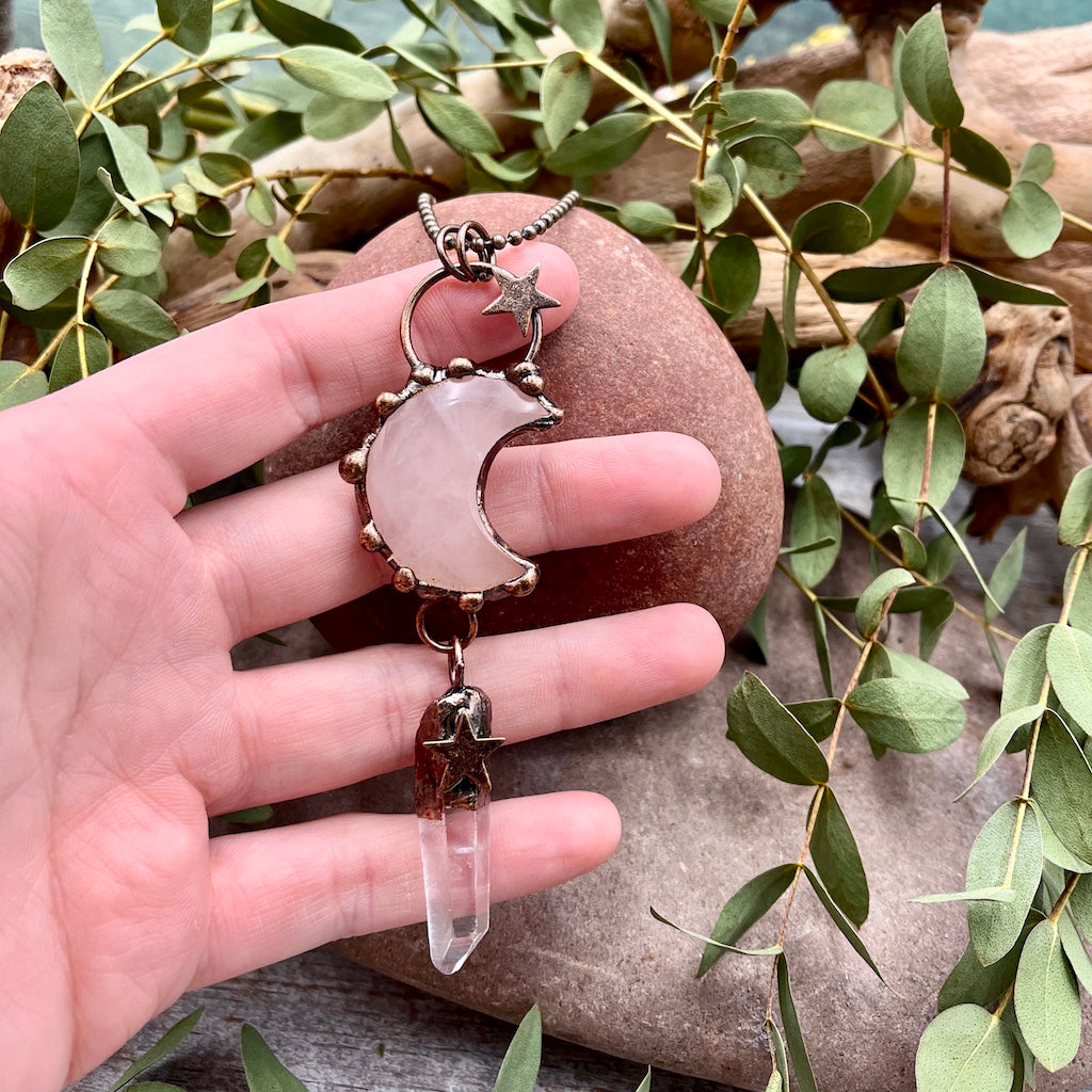 Rose Quartz Moon Necklace with Quartz Drop