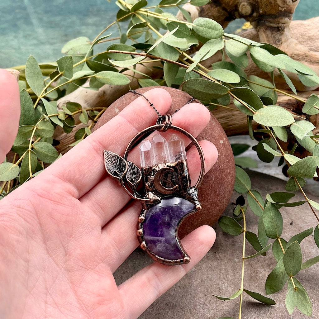 Amethyst Moon Flower Necklace with Quartz Points