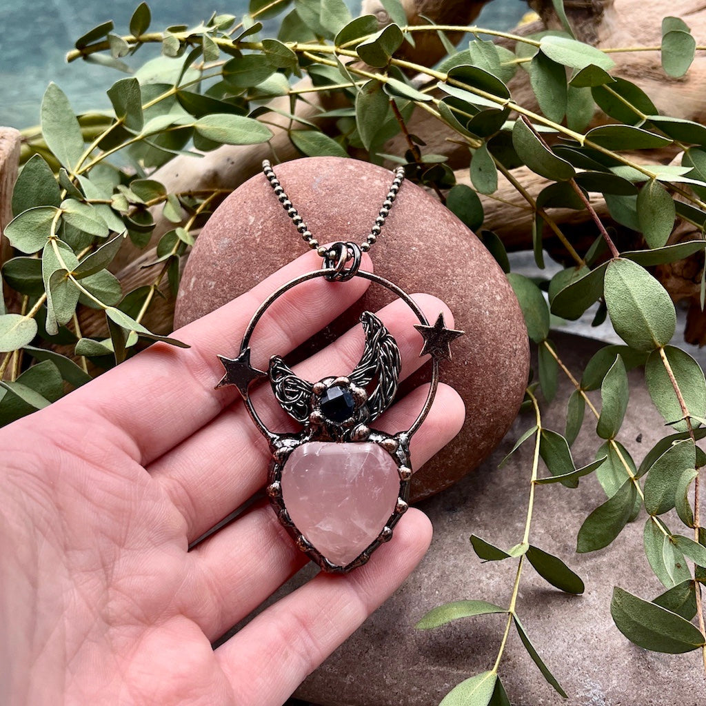 Rose Quartz Heart Moon & Stars Necklace - Bronze