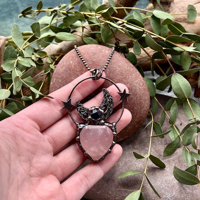 Rose Quartz Heart Moon & Stars Necklace - Bronze