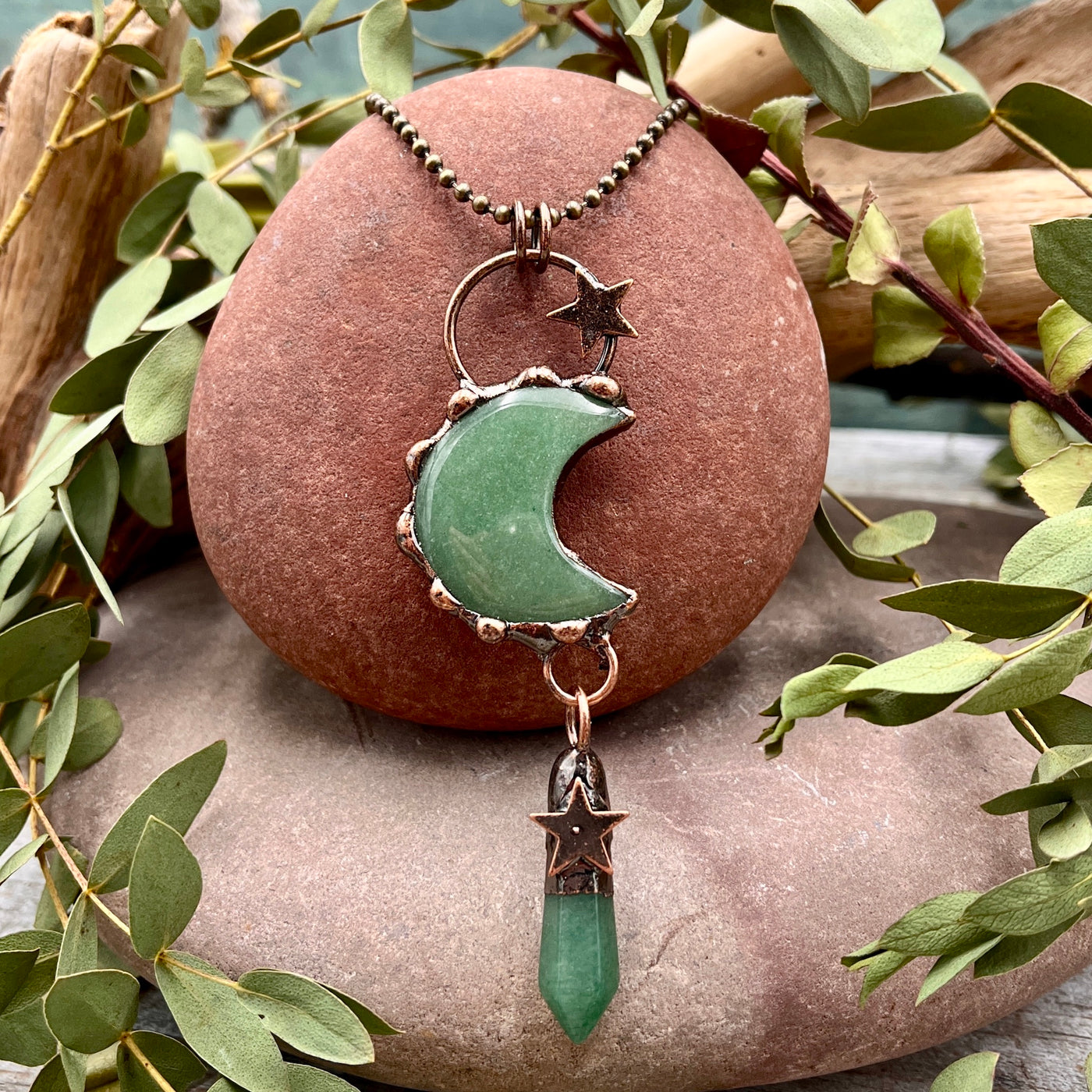 Green Aventurine Moon Necklace with Green Aventurine Drop