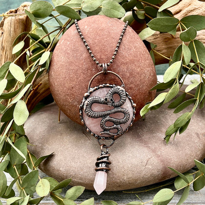 Rose Quartz Snake Necklace Bronze