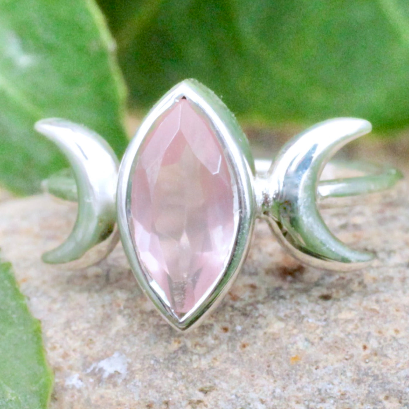 Rose quartz Triple Moon Ring