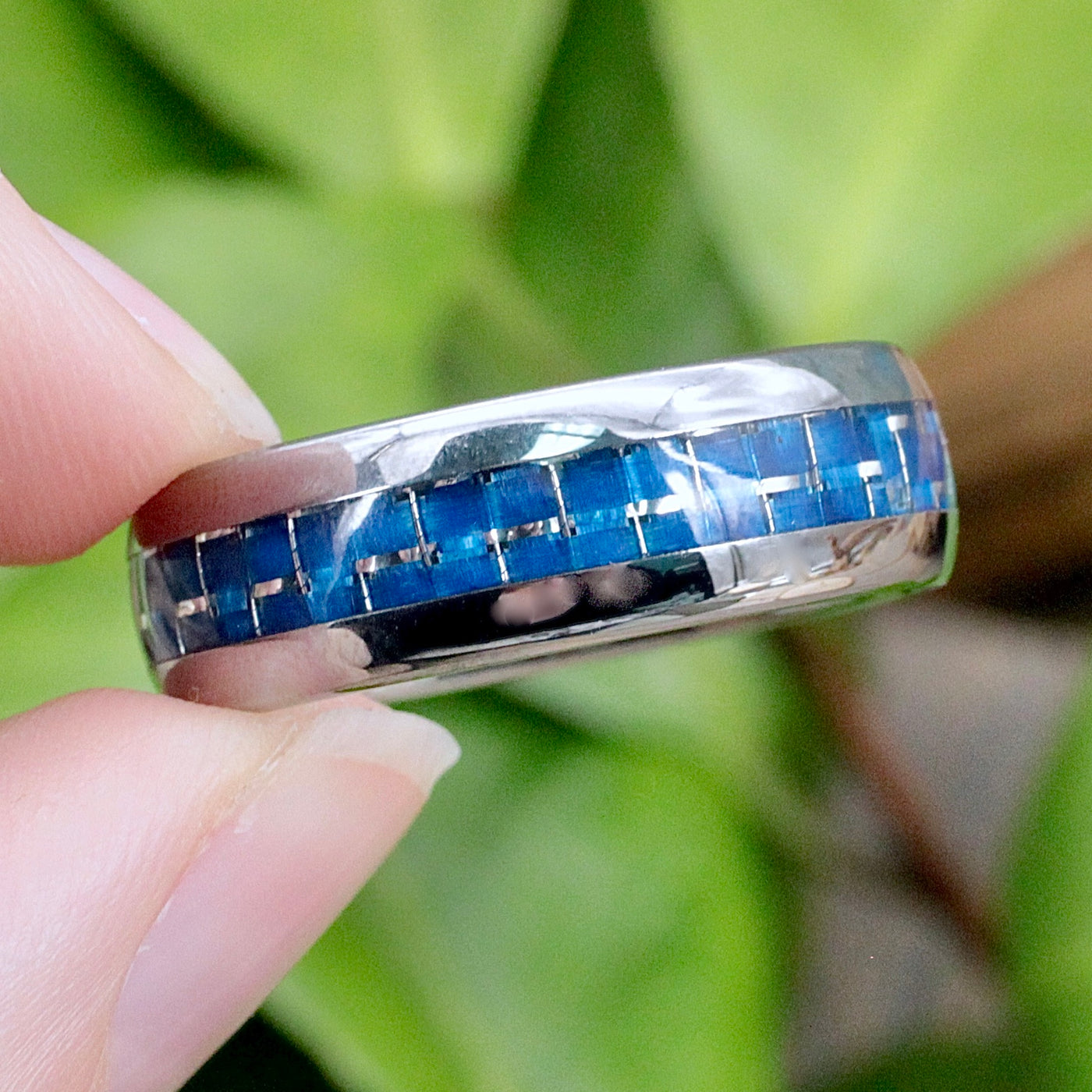 Men's Tungsten Band Ring Blue Mosaic Inlay