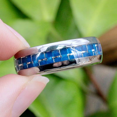 Men's Tungsten Band Ring Blue Mosaic Inlay