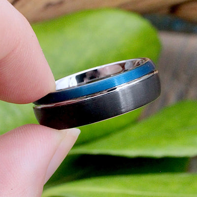 Men's Tungsten Band Ring Black and Blue
