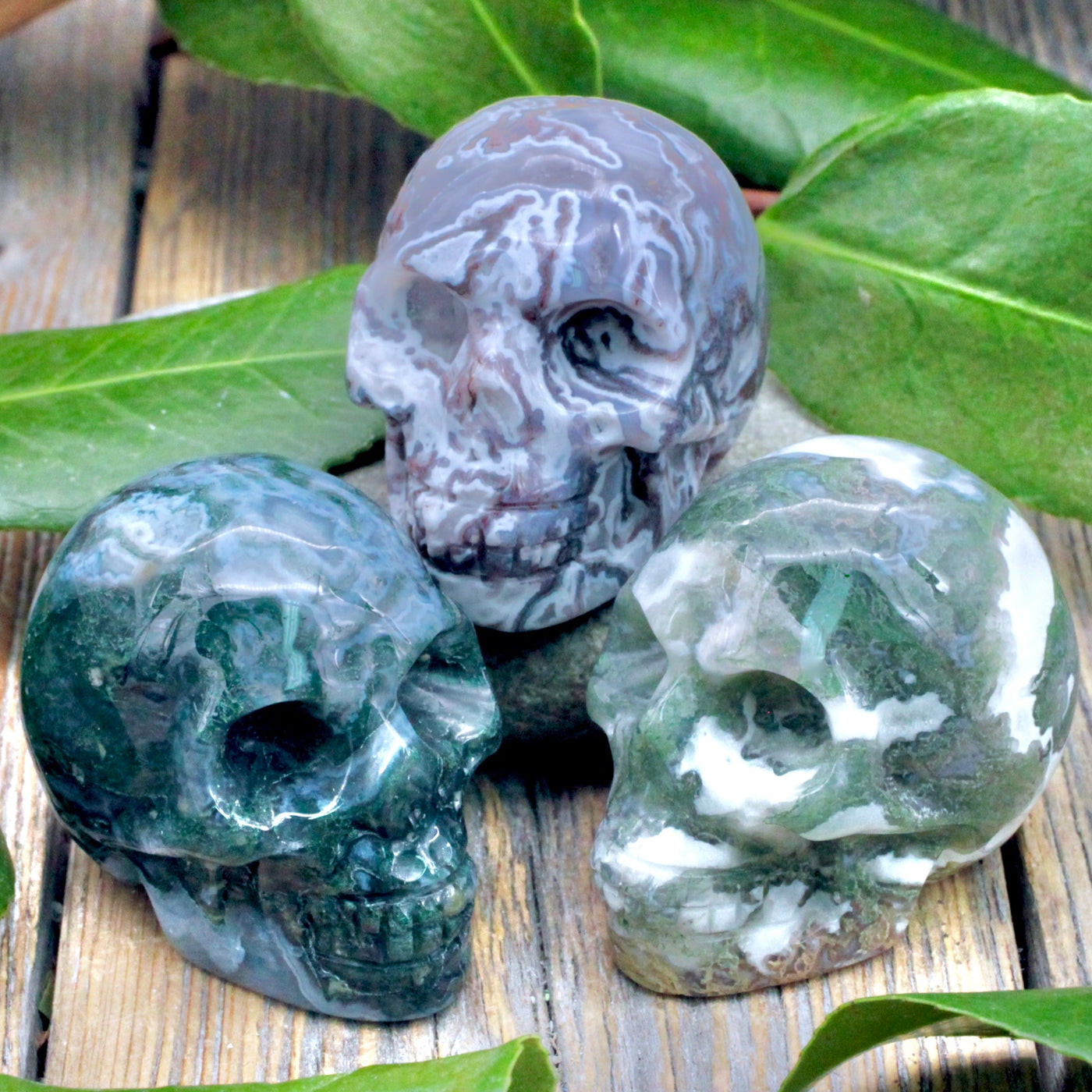 Moss Agate Skull Carving