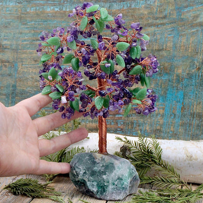 Gemstone Tree with Fluorite Base Amethyst Green Aventurine hand