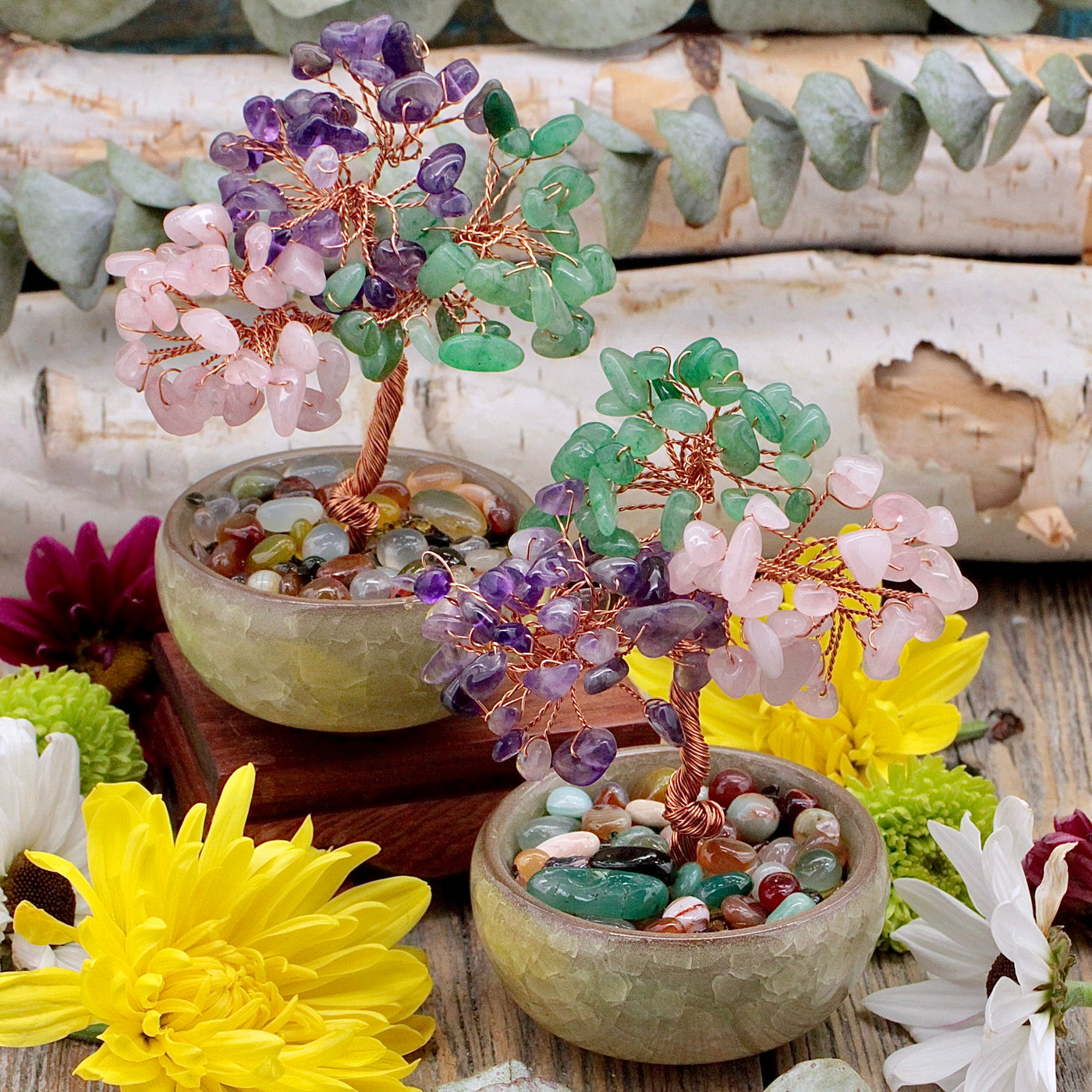 Amethyst, Rose Quartz and Green Aventurine Gem Tree in Bowl
