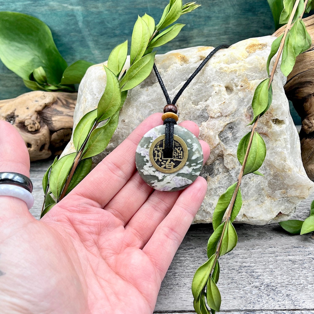 Divine Guidance Peace Jade Necklace 40mm hand