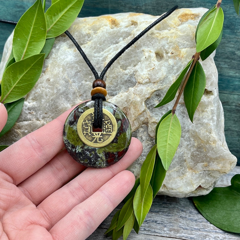 Mind Body Spirit Dragon's Blood Jasper Necklace 40mm hand