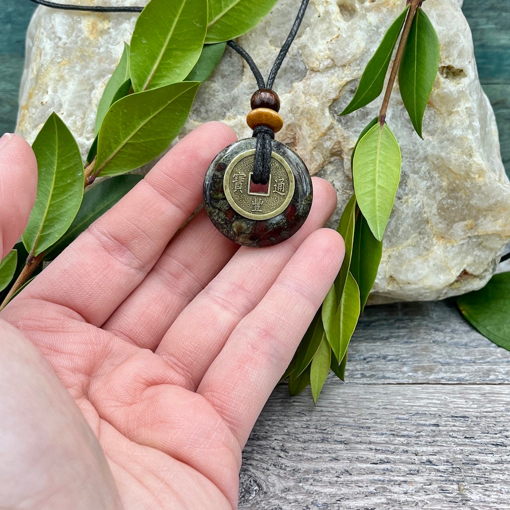 Mind Body Spirit Dragon's Blood Jasper Necklace hand