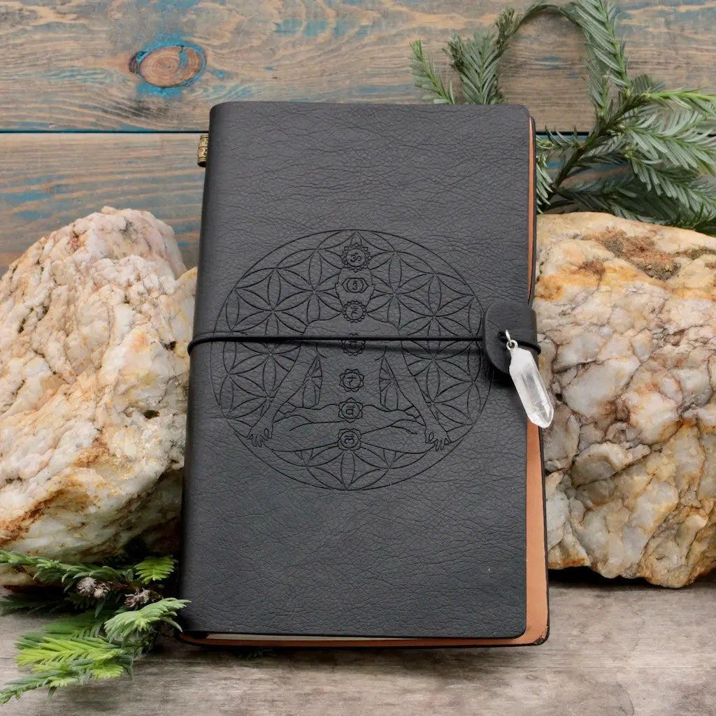 Embossed Leather Journal - Chakra Lotus Design Black