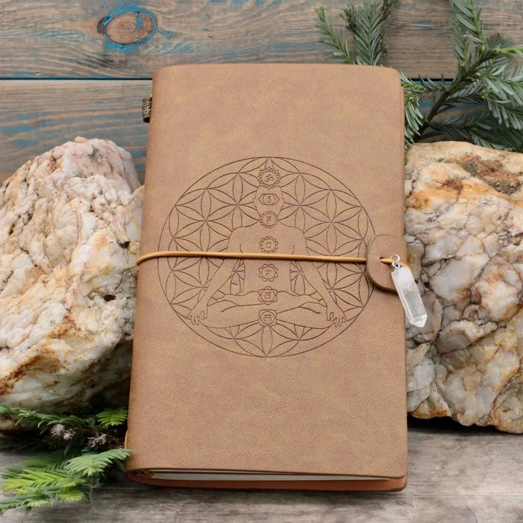 Embossed Leather Journal - Chakra Lotus Design Tan