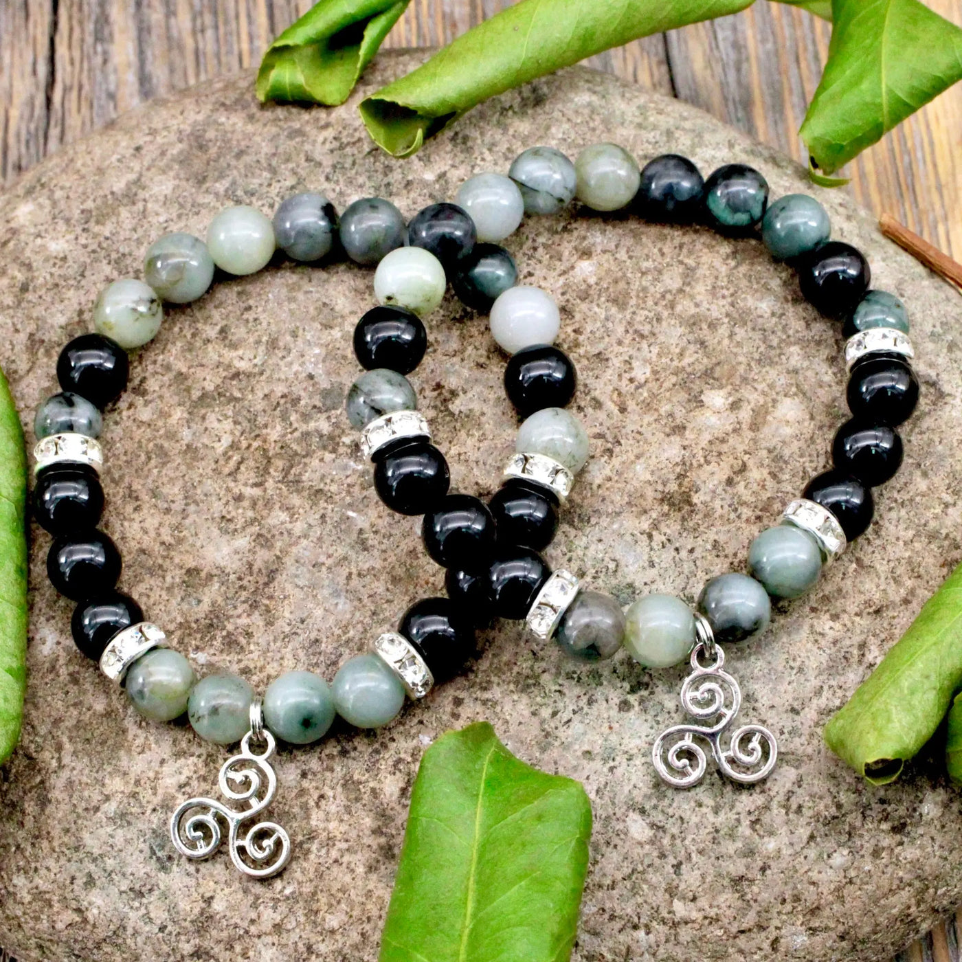 Emerald and Black Tourmaline Bracelet with Triquetra Charm