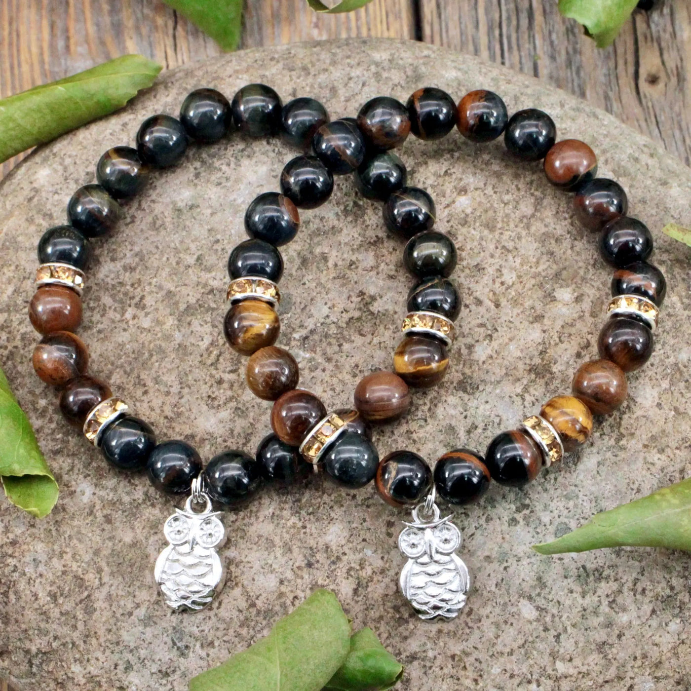 Blue and Yellow Tiger's Eye Bracelet with Owl Charm - 8mm