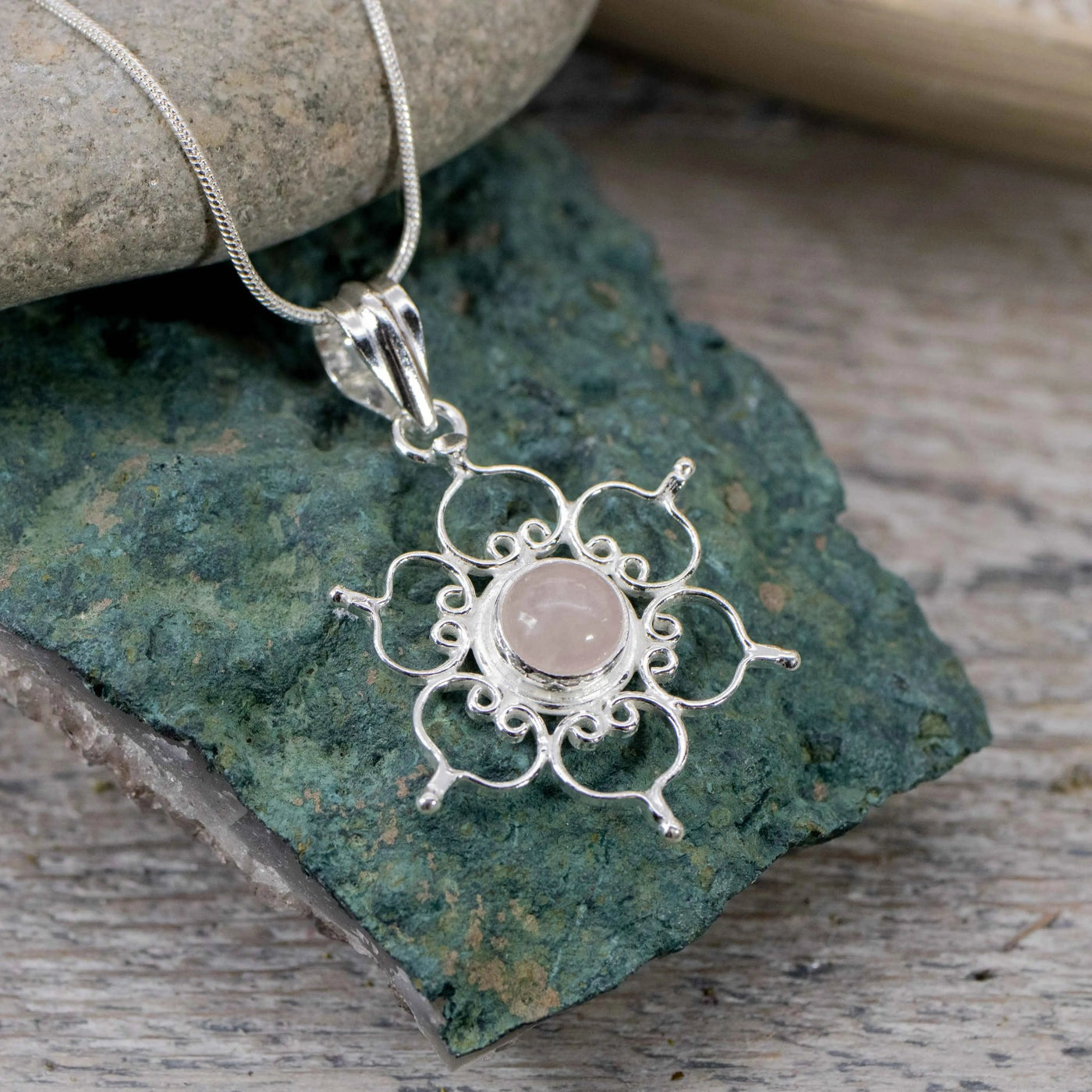 Rose Quartz & Sterling Silver Lotus Pendant