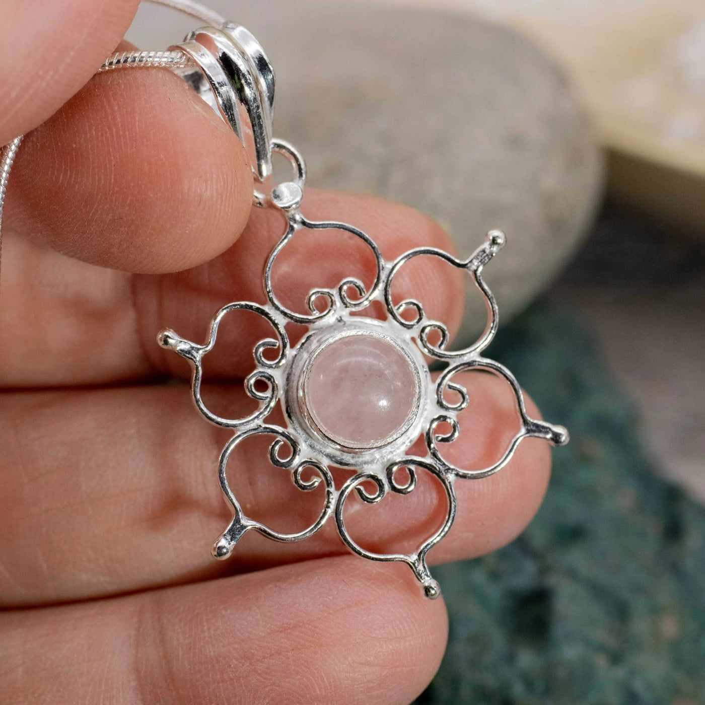 Rose Quartz & Sterling Silver Lotus Pendant