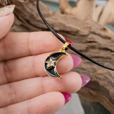 Crescent Moon Necklace w/ Star, Black or White