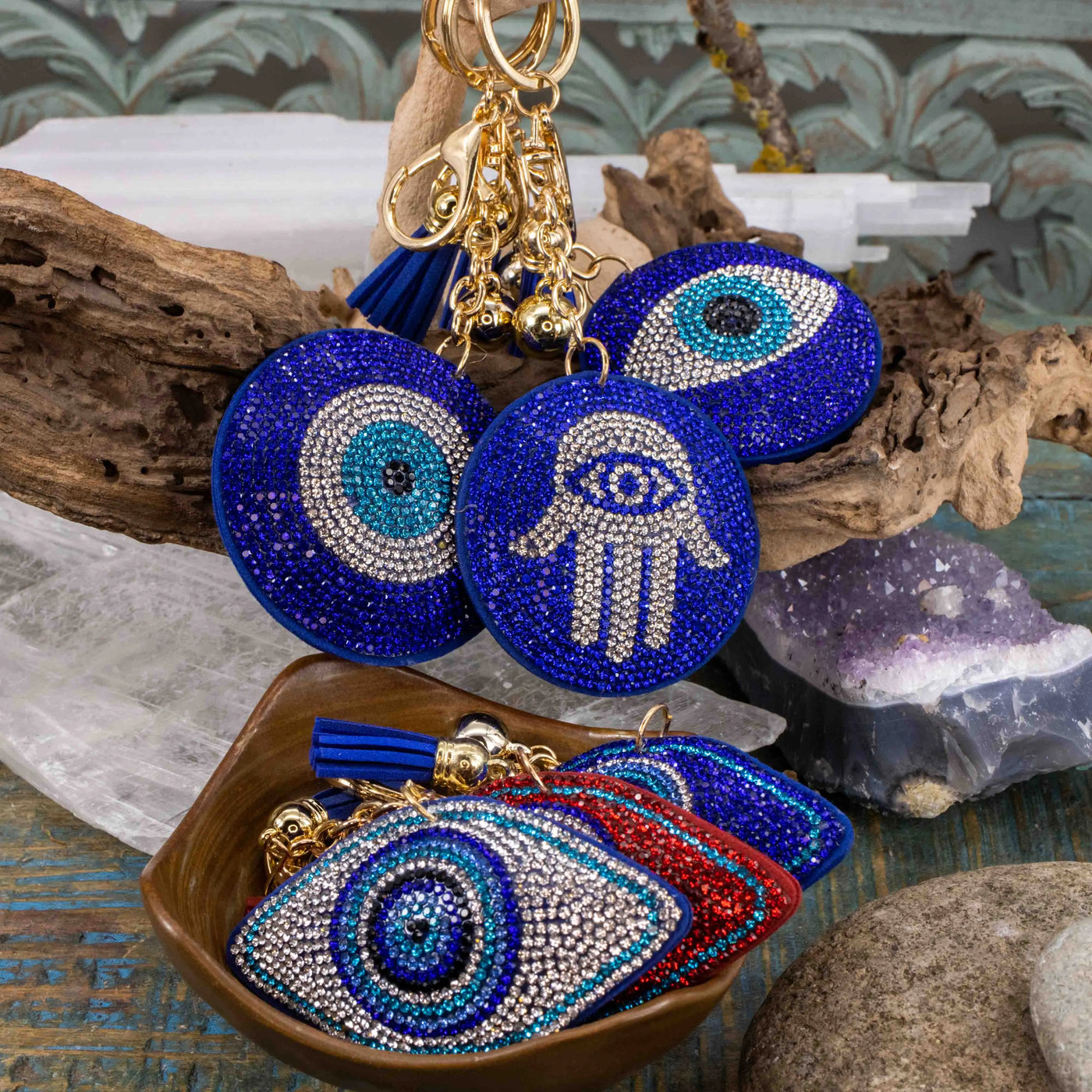 Evil Eye & Hamsa Rhinestone Keychain Collection