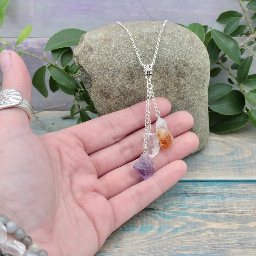Amethyst, Citrine and Quartz Crystal Dreams Necklace hand