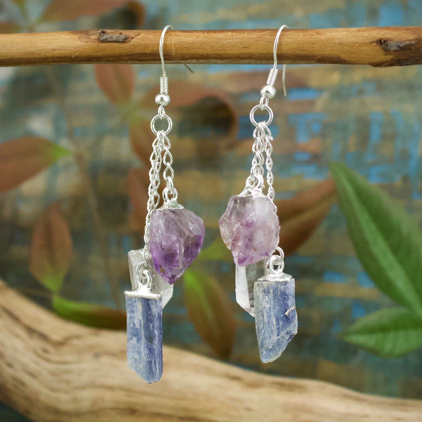 Amethyst, Kyanite and Quartz Triple Drop Earrings